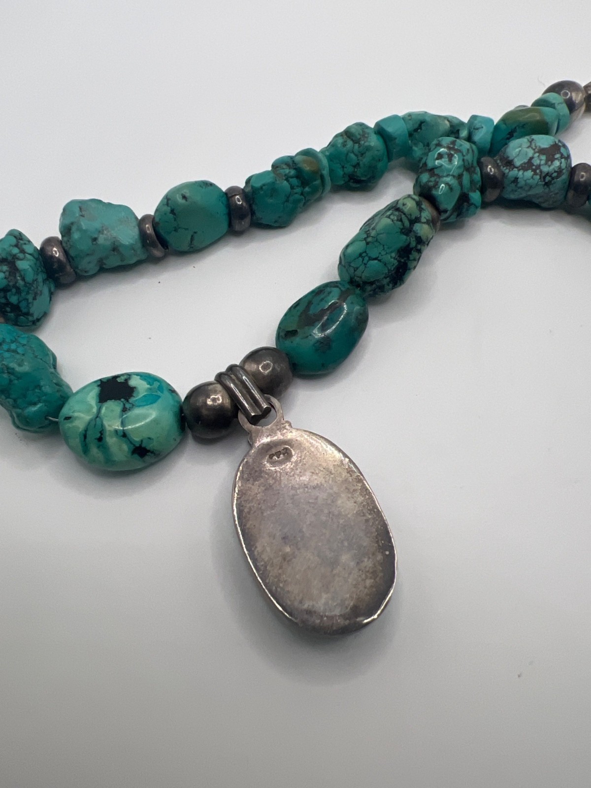Dyed Turquoise? & Silver Beaded Necklace With Large Oval Pendant