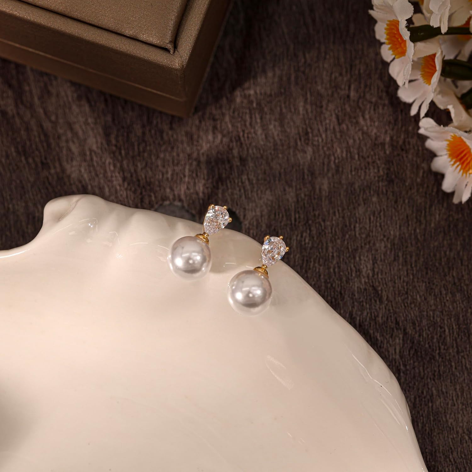 Pearl Earrings for Women, Dainty Wedding Bridal Earrings 14K Gold Plated CZ Pear