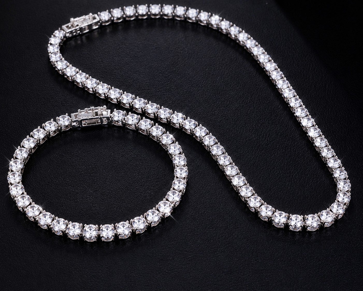 Silver Tone Rhinestone Tennis Necklace & Bracelet Set Crystal Wedding Prom Gift
