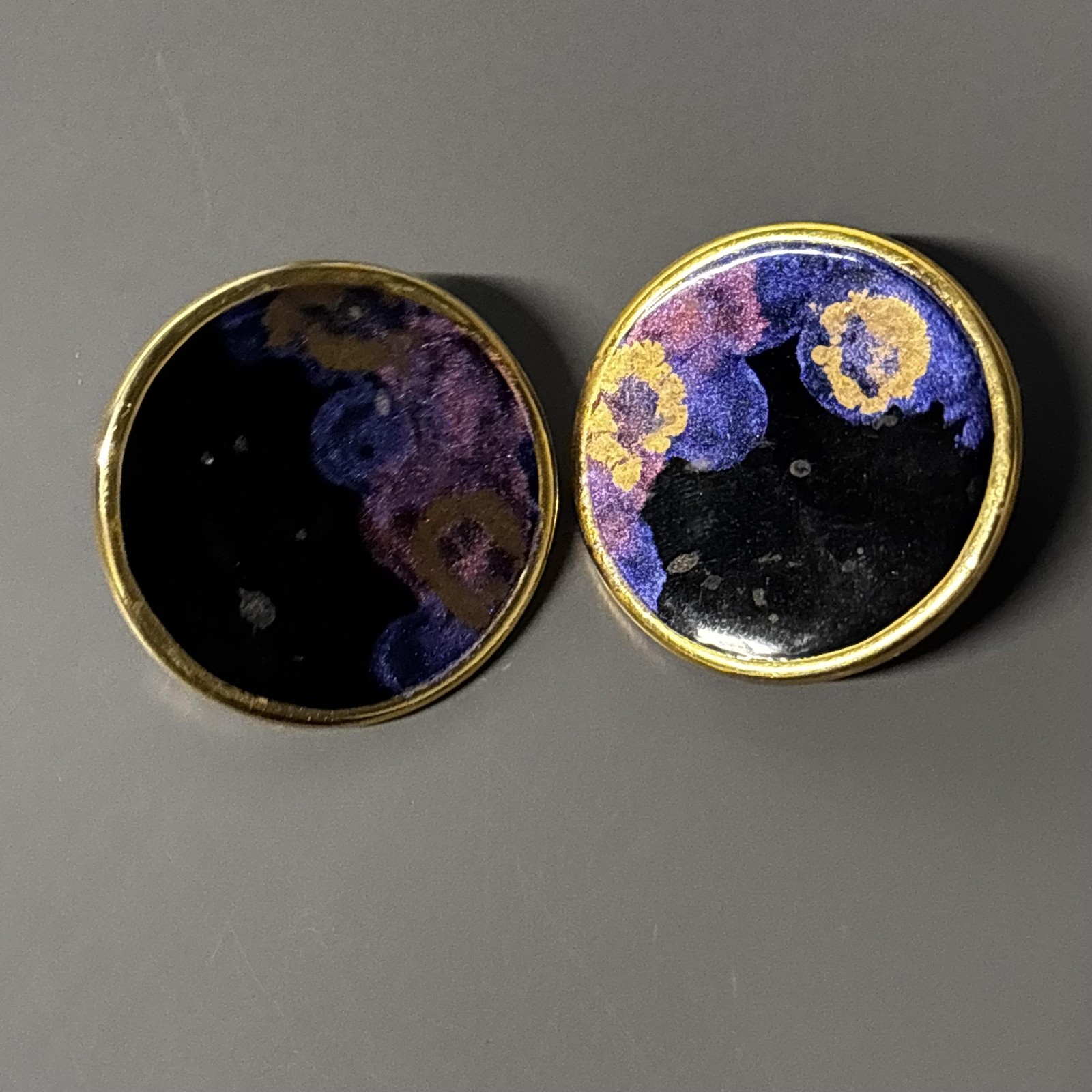 Gold Tone Reversible Round Disc Earrings Purple Floral Enamel Statement Studs