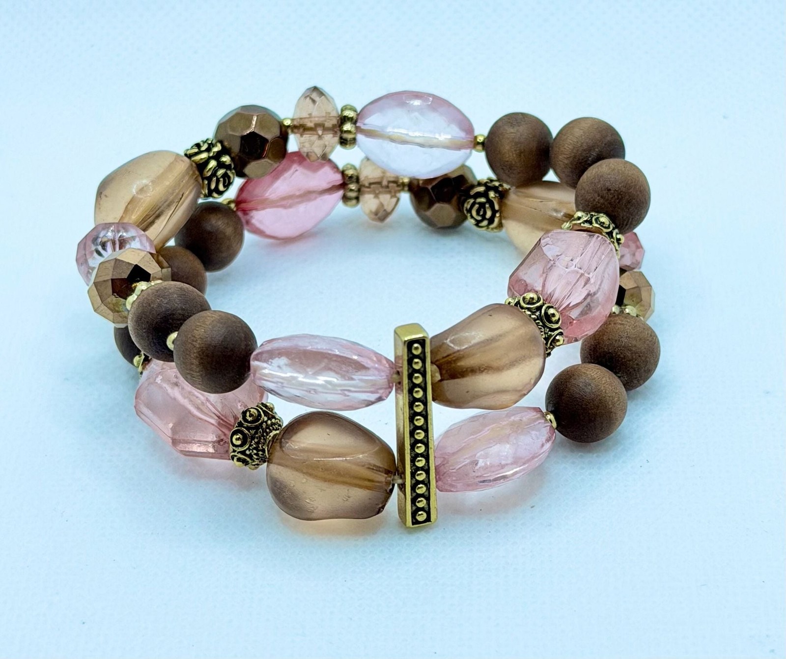 Rose Taupe Lucite and Wooden Bead Gold-Tone Stretch Bracelet