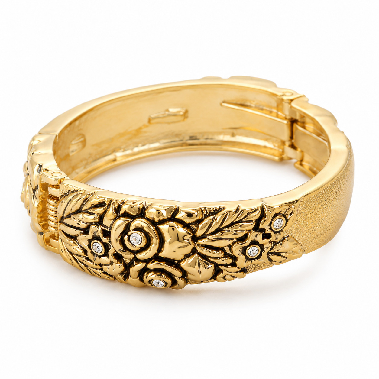 Gold Tone Rose Floral Hinged Bangle Bracelet Crystal Vintage Style Cuff Women