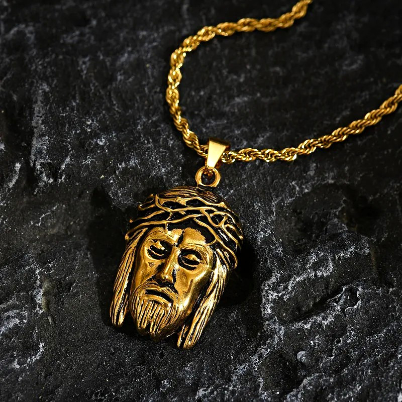 Gold Tone Rope Chain Necklace with Jesus Head Charm Pendant, Metal 23.6 in