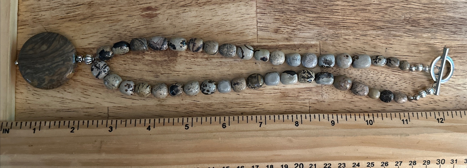 Artisan Circle Stone Pendant Necklace Beaded Silver Tone Toggle Clasp