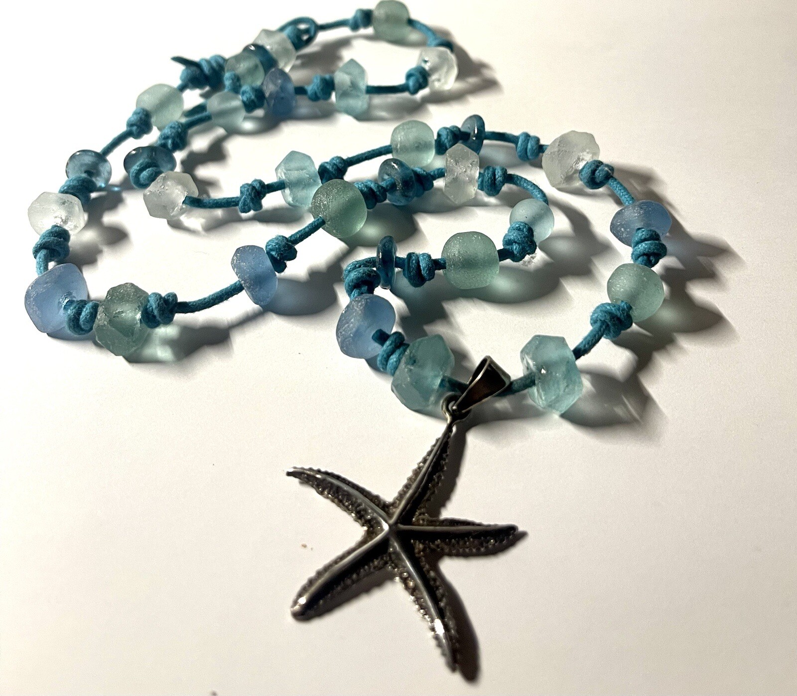 Sterling 925 Star Pendant On Fashion Blue Chord Necklace WithChunky Blue Accents