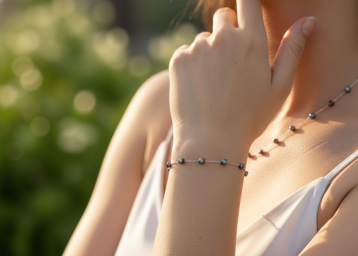 Chic 925 Silver Tone Hematite Beaded Bracelet | Modern Minimalist Gemstone Jewel