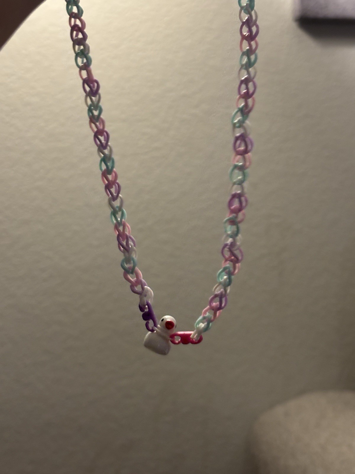 Pink Blue Purple and Pink Rainbow Loom Necklace with Duck Charm