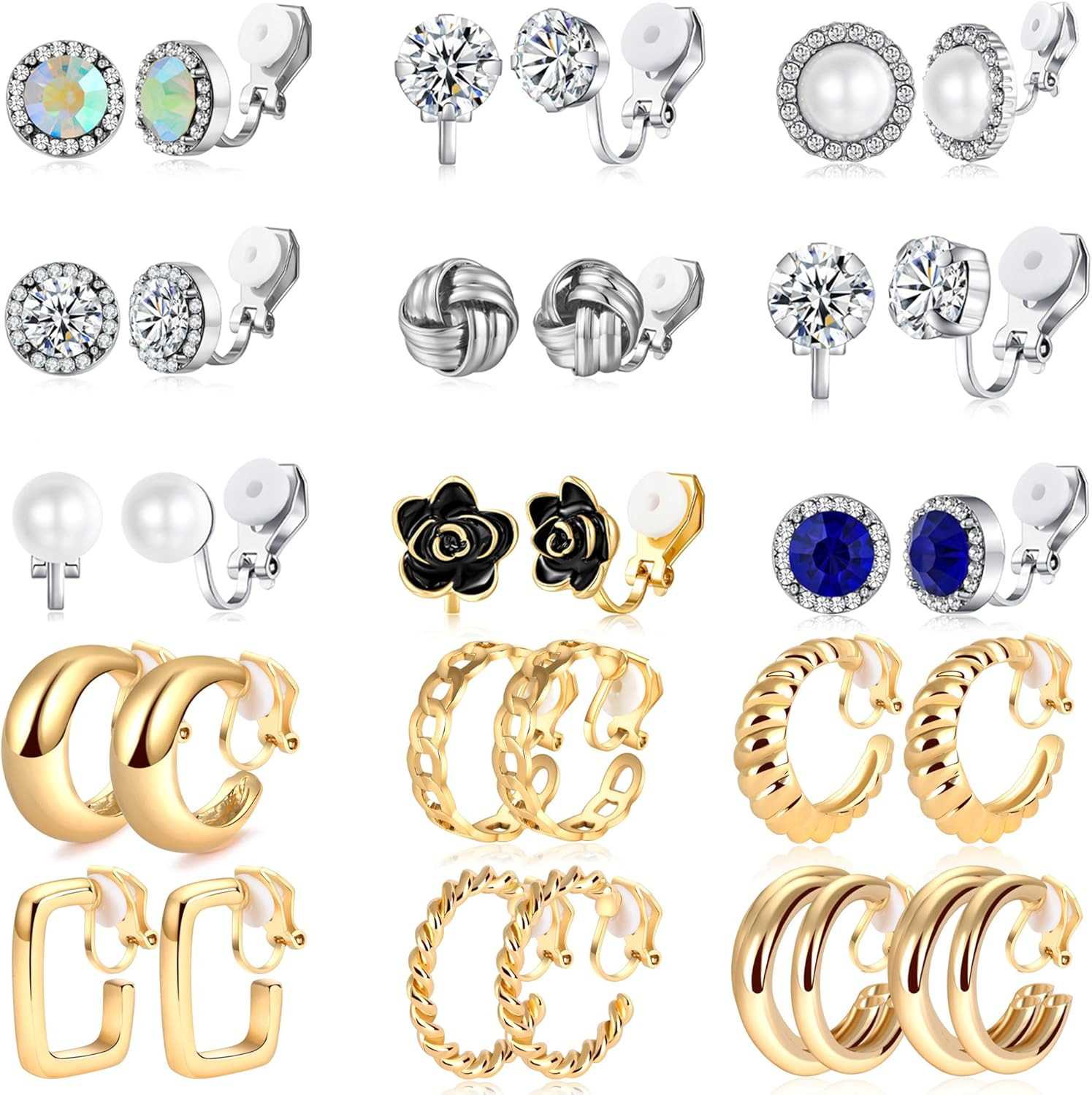 15 Pairs Clip on Earrings for Women: Non Pierced, Cute, Crystal & Pearl Designs,