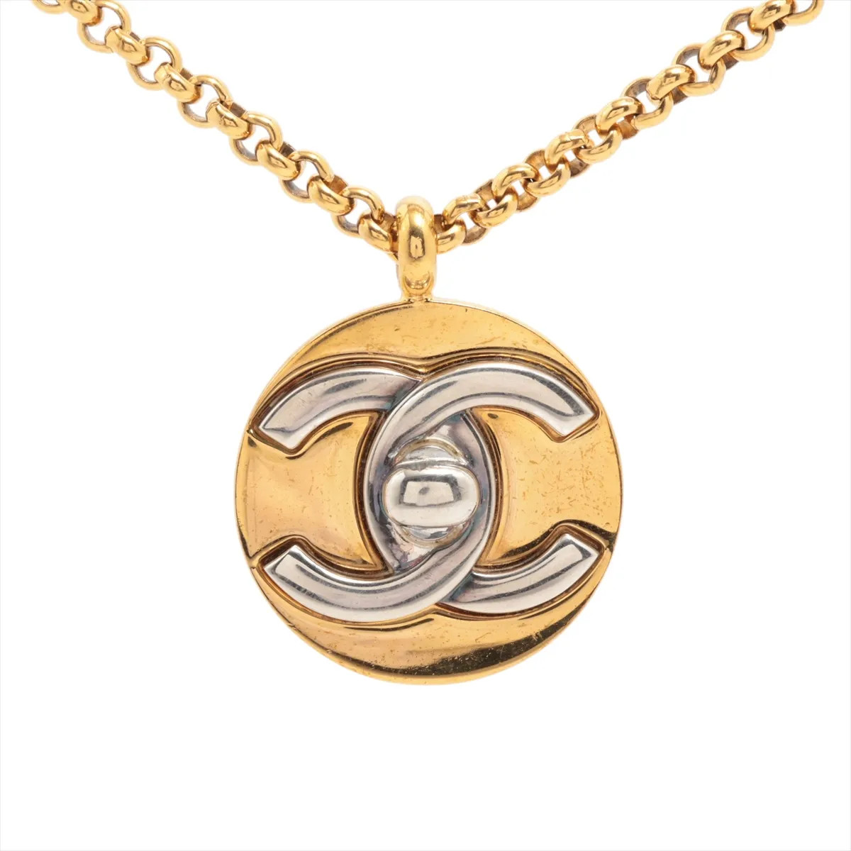 Chanel Coco Mark Turnlock 96P Necklace GP Gold × Silver