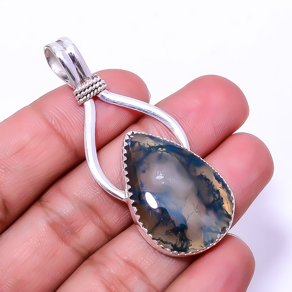 Moss Agate – India Designer Handmade 925 Sterling Silver Pendant 2.15″ P93811631