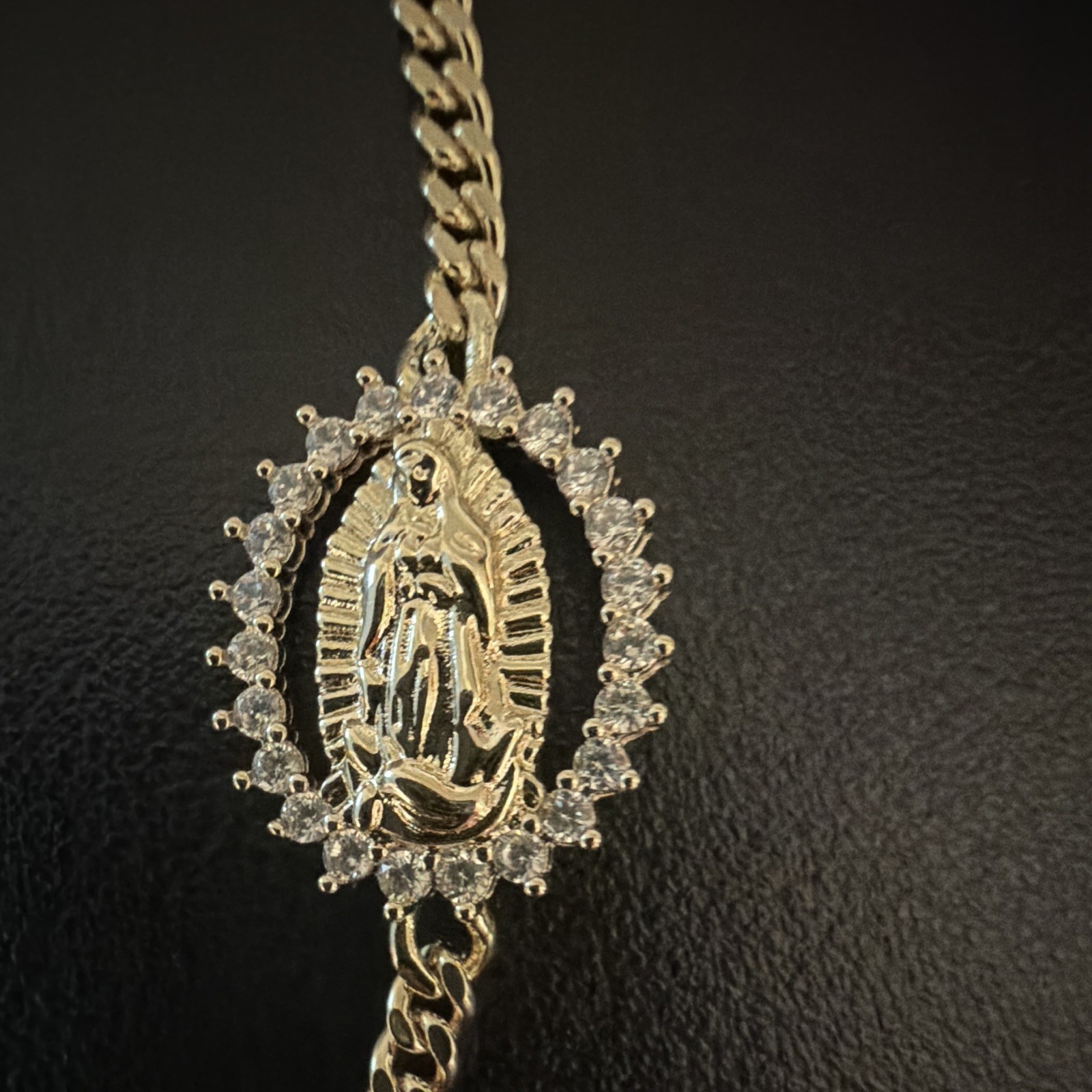 18k gold filled Cuban Link Chain Bracelet Lady of Guadalupe CZ pendant.