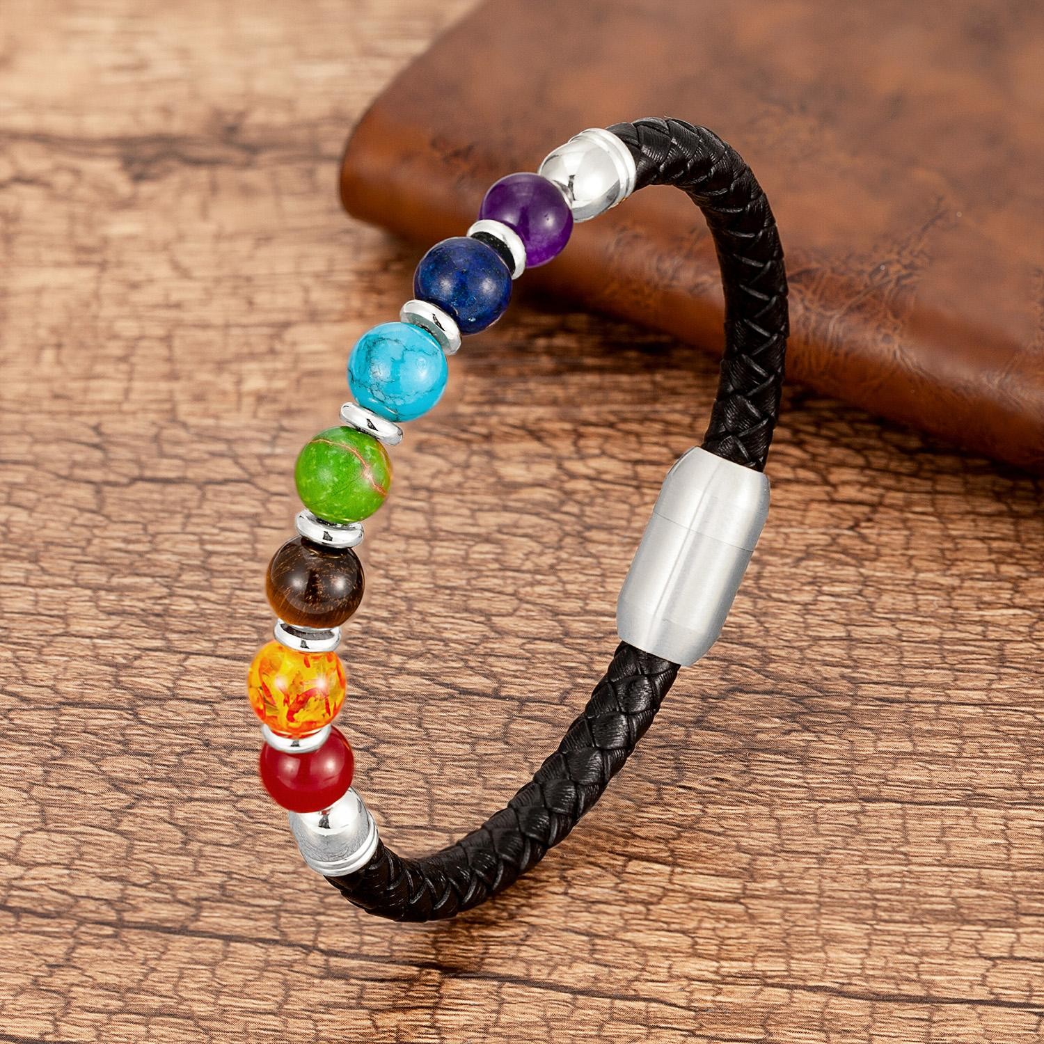 Chakra Bead Stone Bracelet Black Leather Steel Bangle for Men and Women