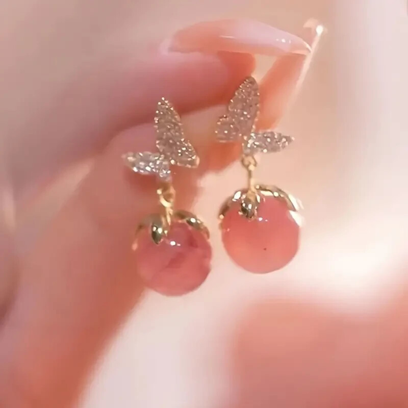Elegant Shiny Butterfly Artificial Cat Eye Stone Earrings Pink Trendy Gift