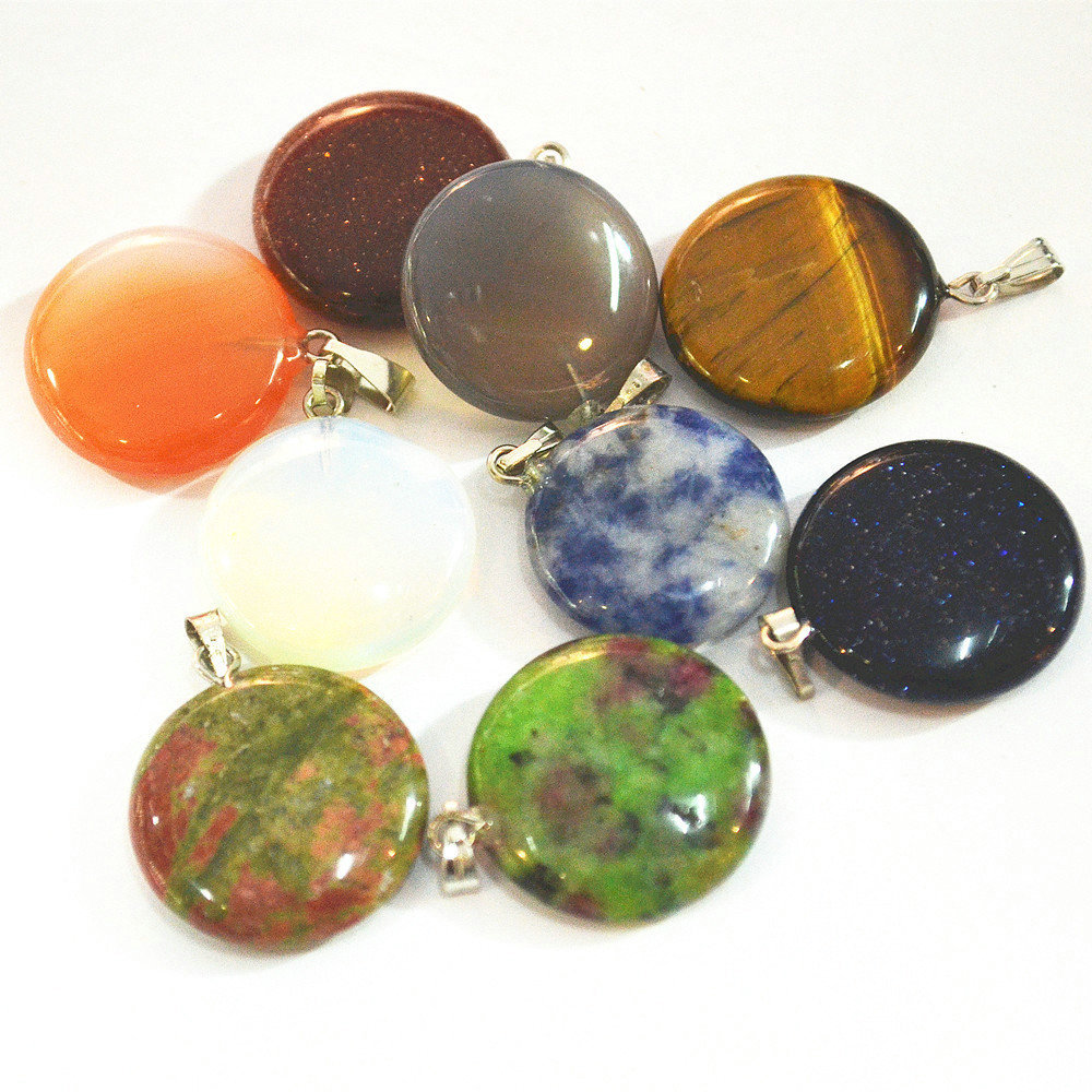 30pcs Fashion Natural Round Gemstone Stone Silver Beads Pendant Charms Wholesale
