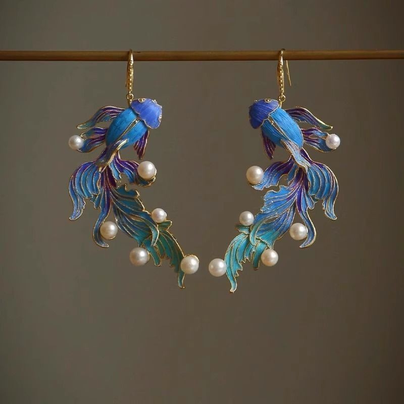 New New Chinese Ancient Blue Koi Fish Earrings Women’s Hanfu Accessory