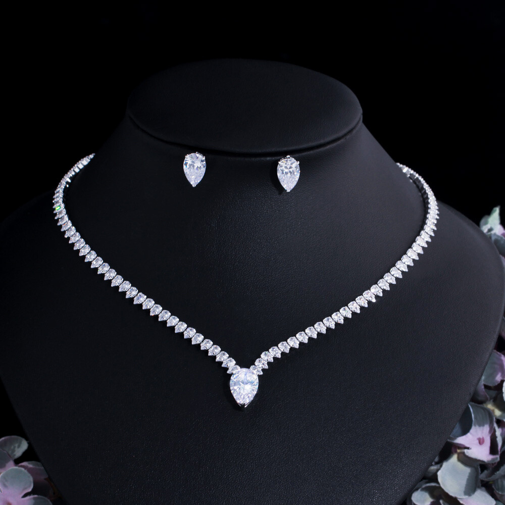 Silver Plated Long Drop Earrings Wedding Necklace Cubic Zirconia CZ Jewelry Set
