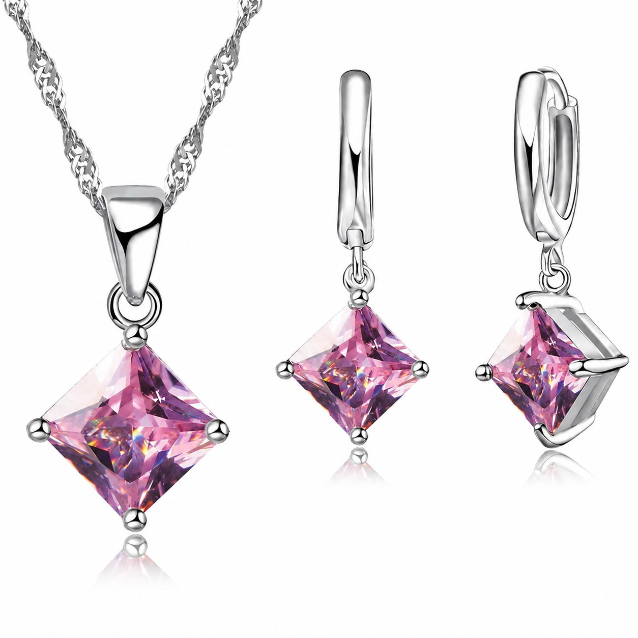 925 Sterling Silver Square Crystal Jewelry Set Necklace Earrings for Women