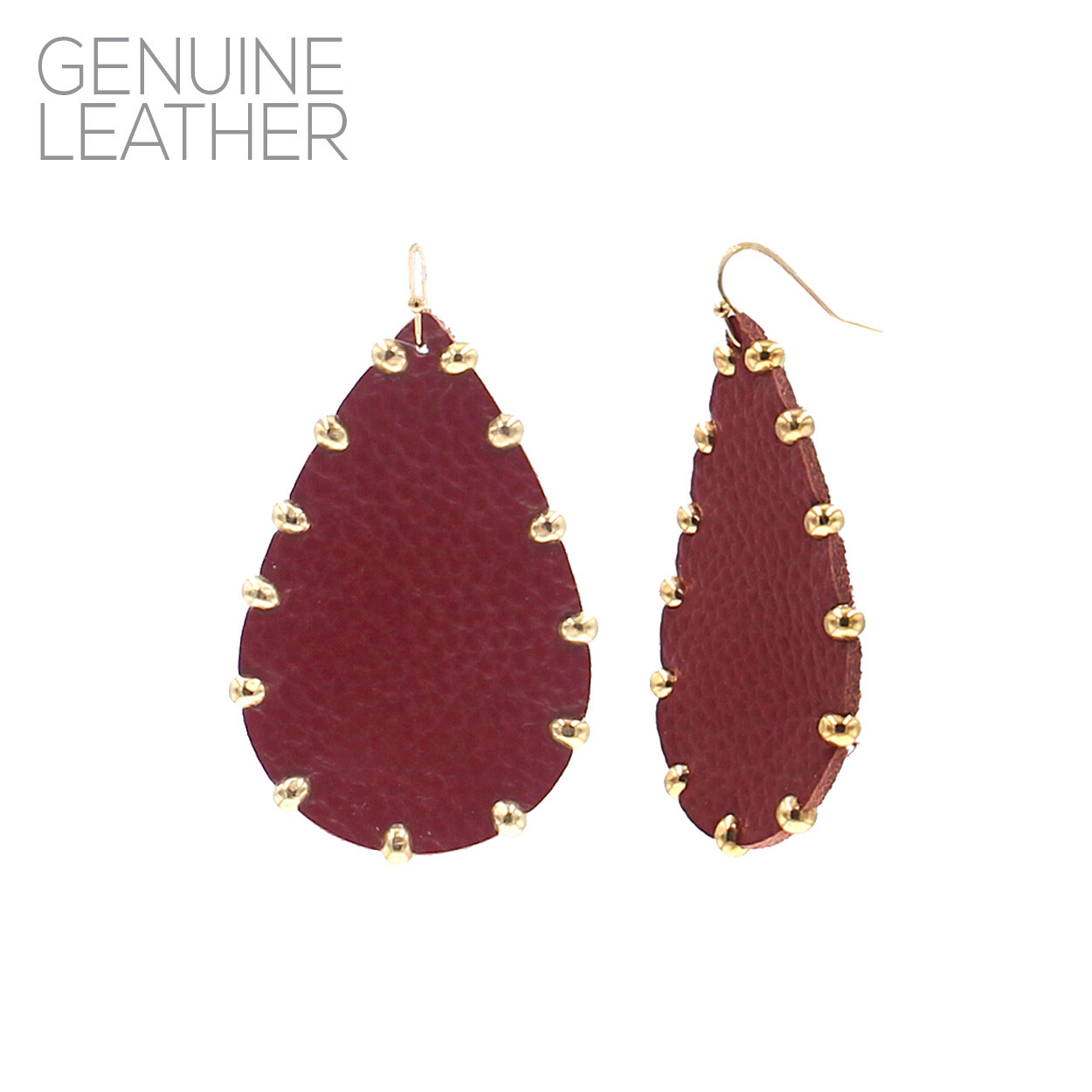 Genuine Leather Gold Studded Teardrop Earrings in 4 Colors (1.57×2.60in)