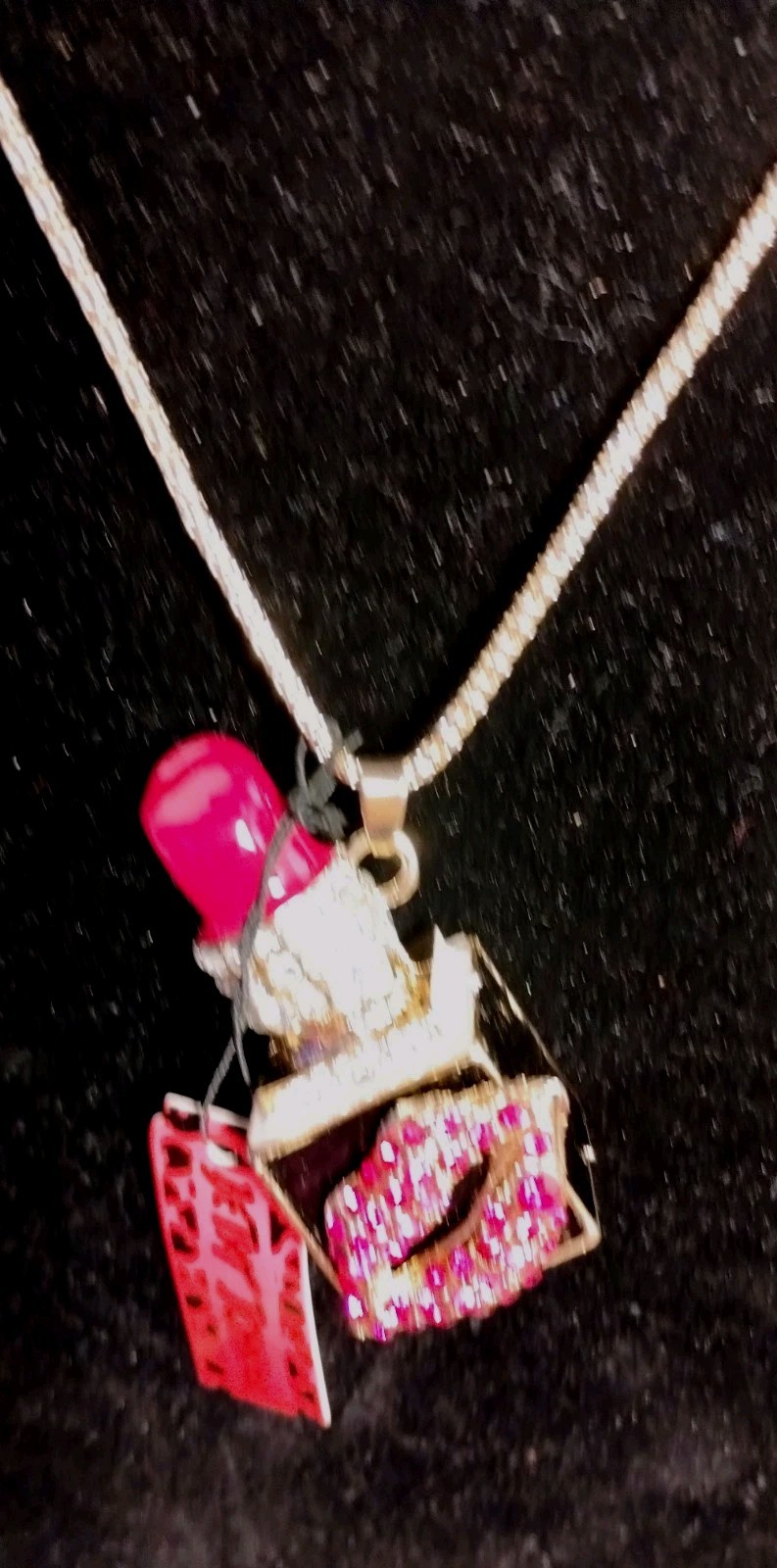 Betsy Johnson Hot Pink Lipstick With Hot Pink Rhinestone Lips On It Necklace