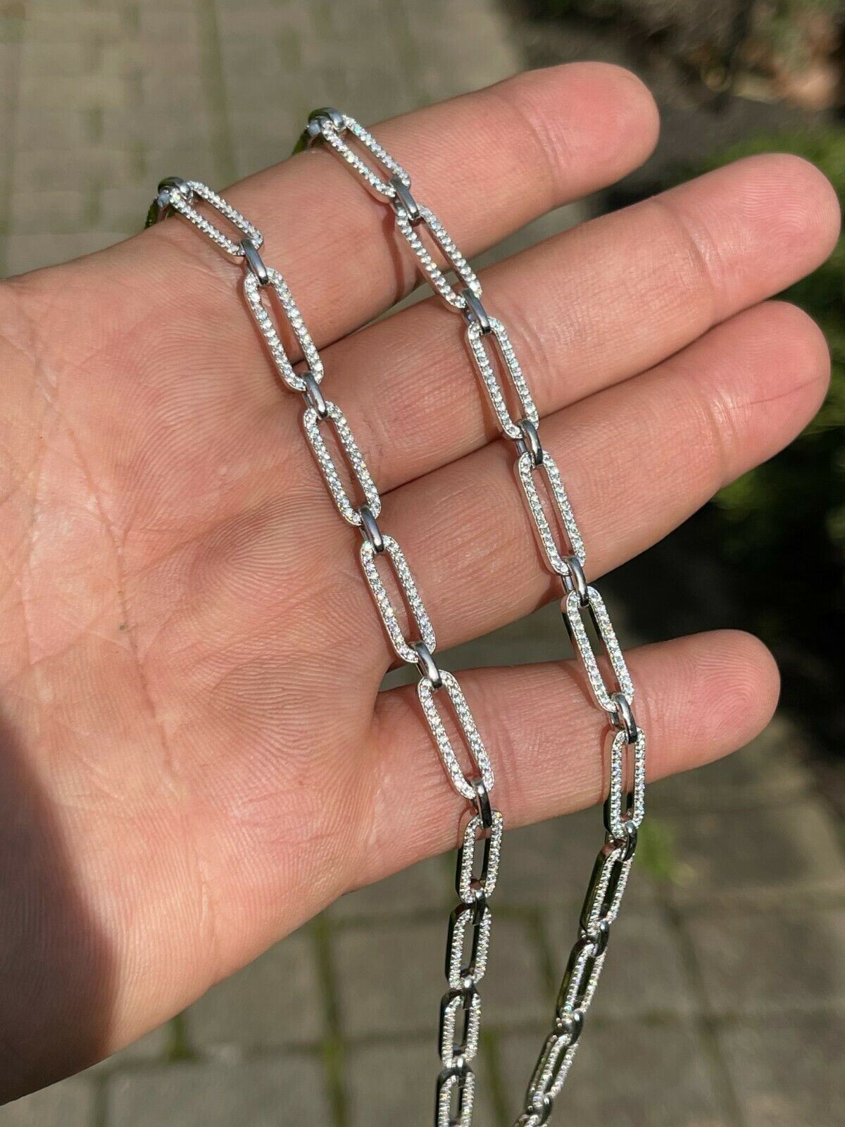Ladies Solid 925 Sterling Silver Paperclip Chain Iced Simulated Diamonds 5mm