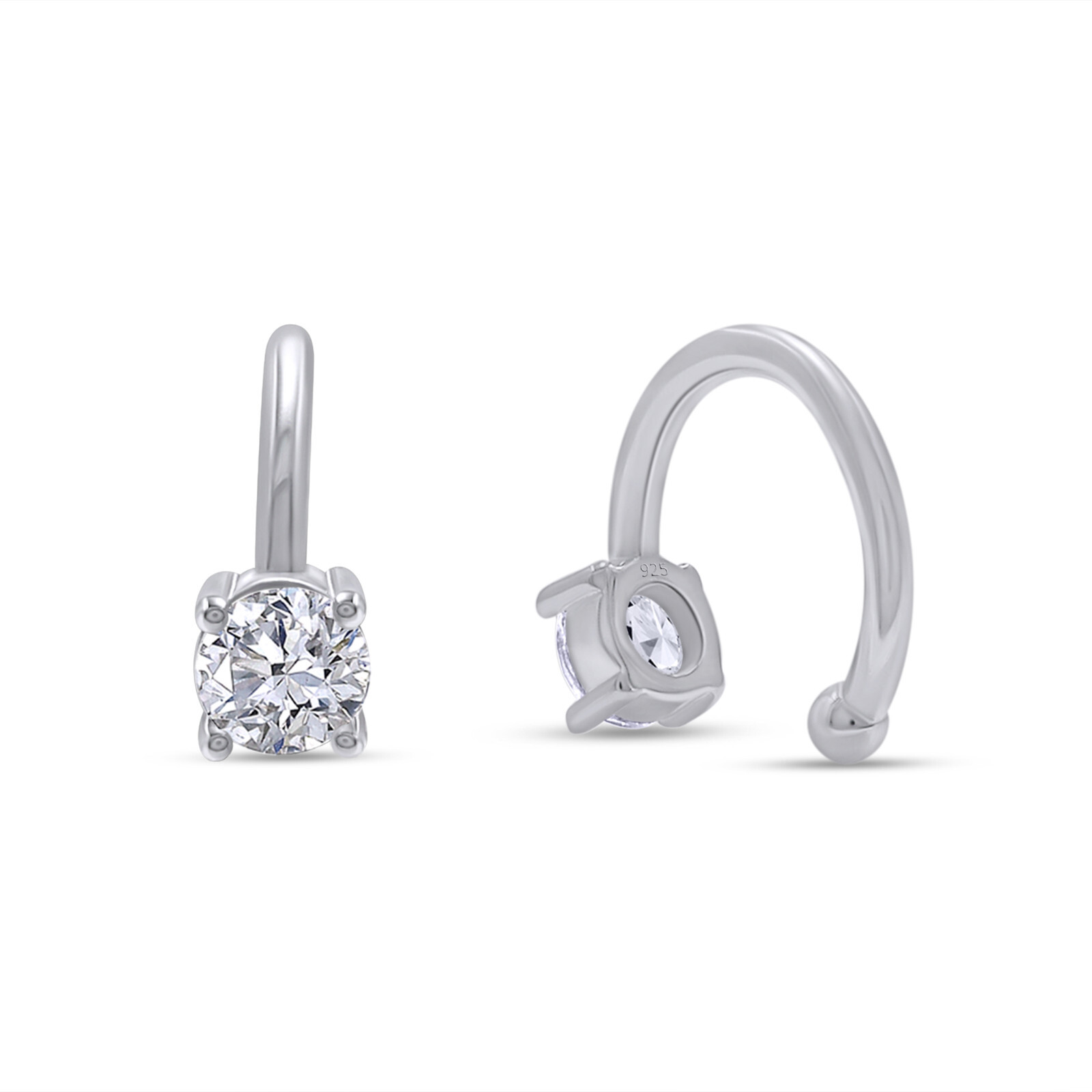 Solitaire Ear Cuff Clip On Cartilage Earrings Sterling Silver Cubic Zirconia