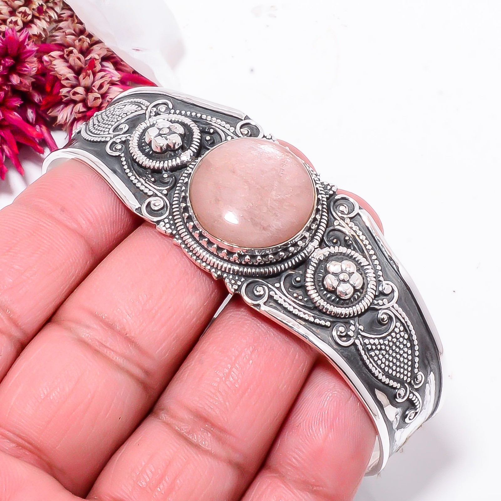 Peach Moonstone – Sri Lanka 925 Sterling Silver Bali Cuff|C968458446