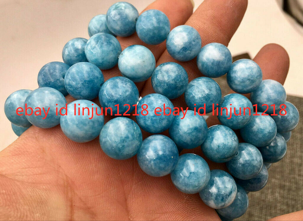 Natural 6/8/10/12mm Blue Aquamarine Gems Round Beads Elastic Bracelets 7.5”