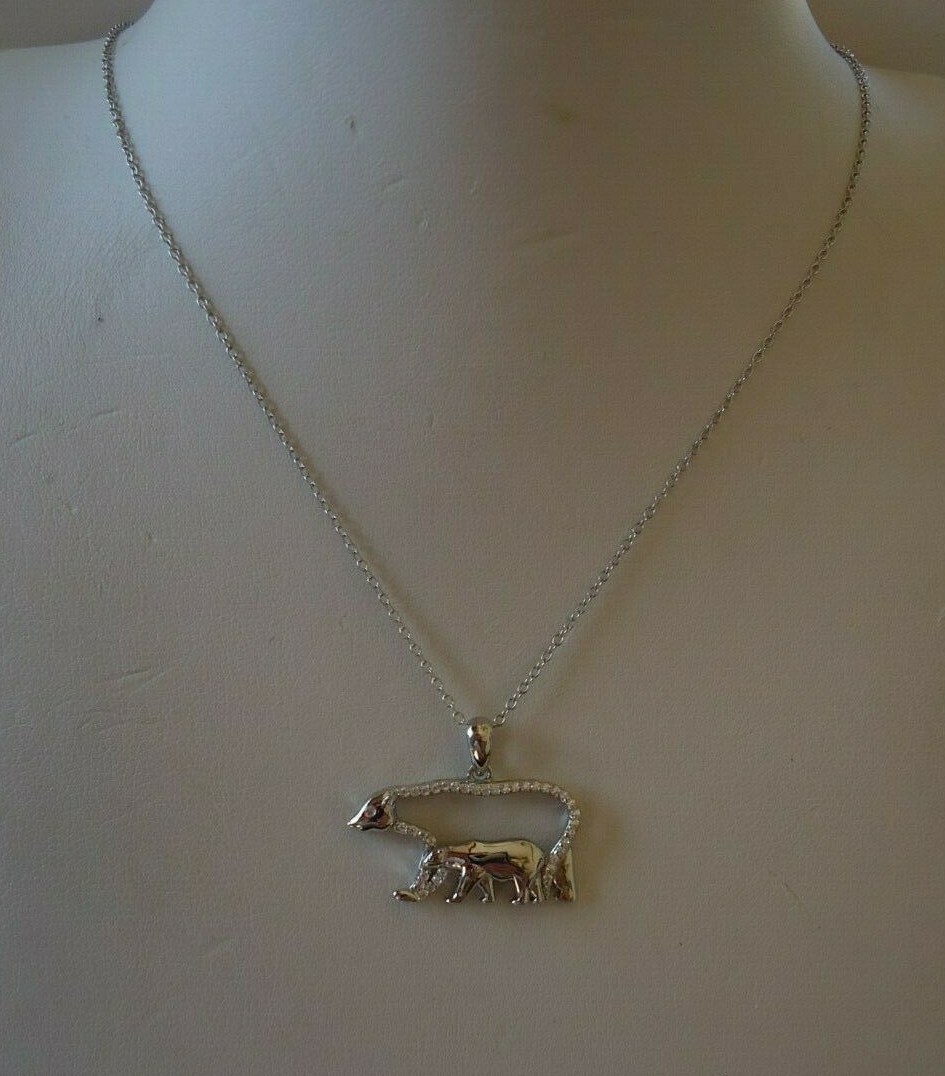 MAMA BEAR W/ BABY BEAR NECKLACE PENDANT W/LAB ACCENTS/ 925 STERLING SILVER/18”