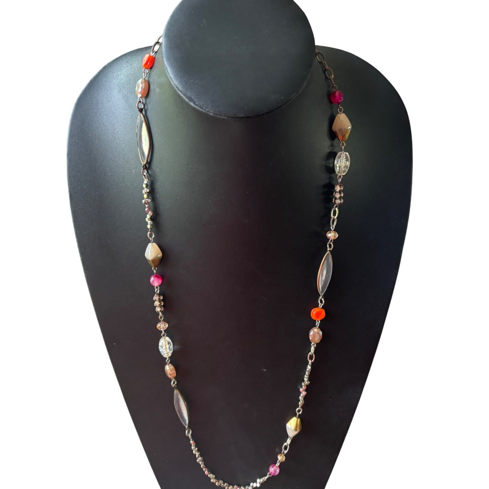 Multi-Colored Beaded Long Necklace With Mixed Shapes & Chain Accents
