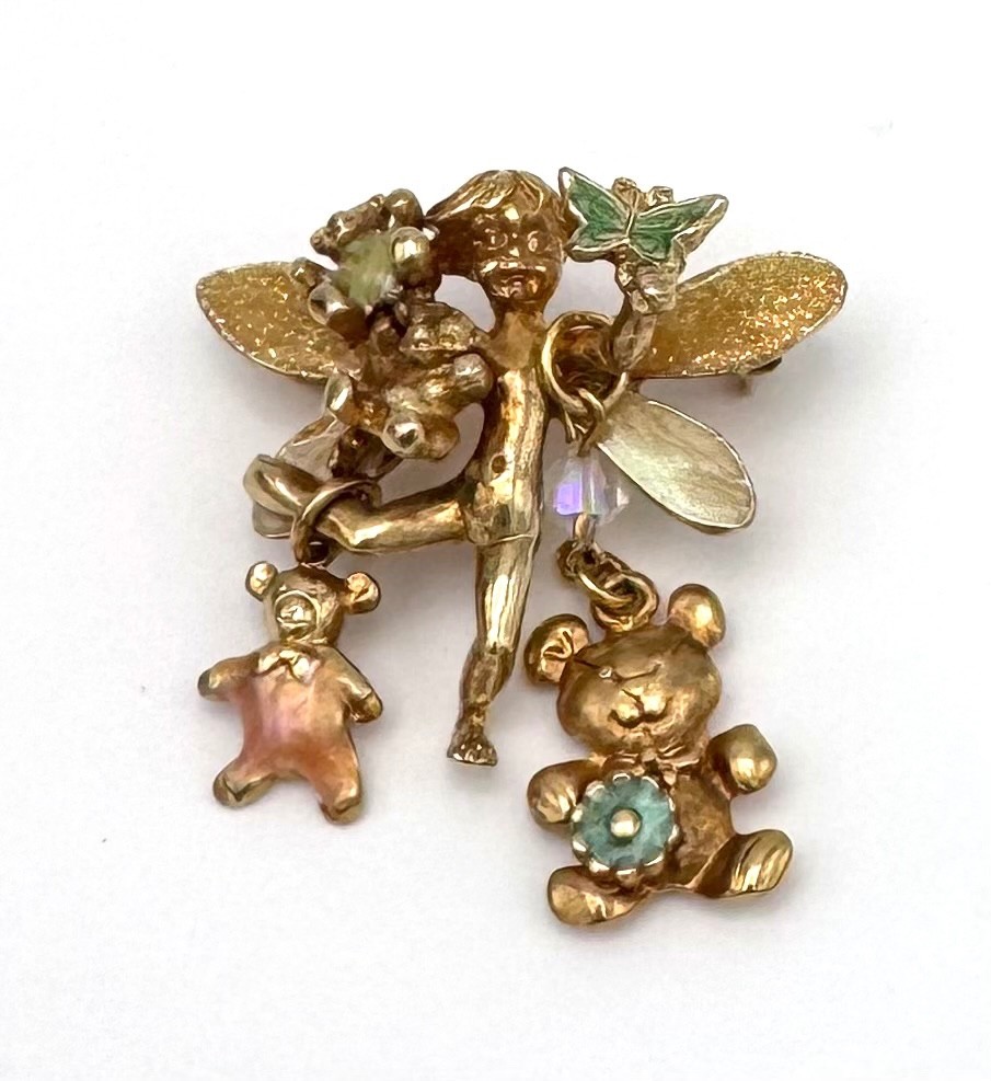 VTG Kirks Folly Fairy Brooch Pin Gold Tone Dangle Bears Butterfly Enamel Signed