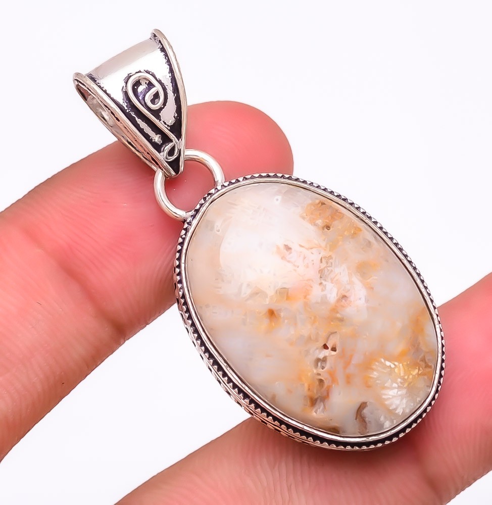 Natural Plume Agate Gemstone 925 Silver Plated Jewelry Pendant 1.8″ (7036)