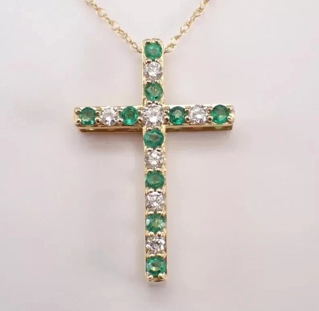 Round Cut Simulated Green Emerald Cross Pendant Chain In 14k Yellow Gold Plated