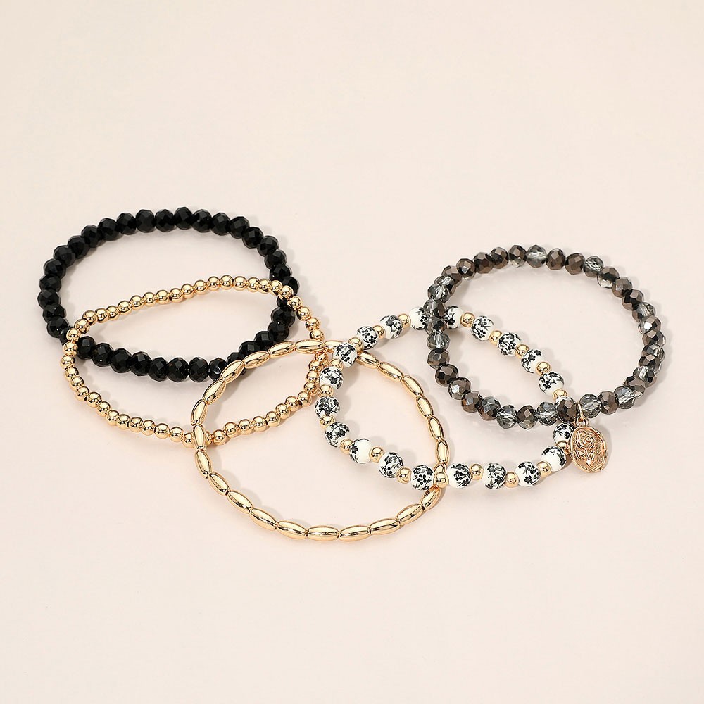 5PCS Floral Charm Beaded Stretch Bracelet Stack Boho Layered Jewelry