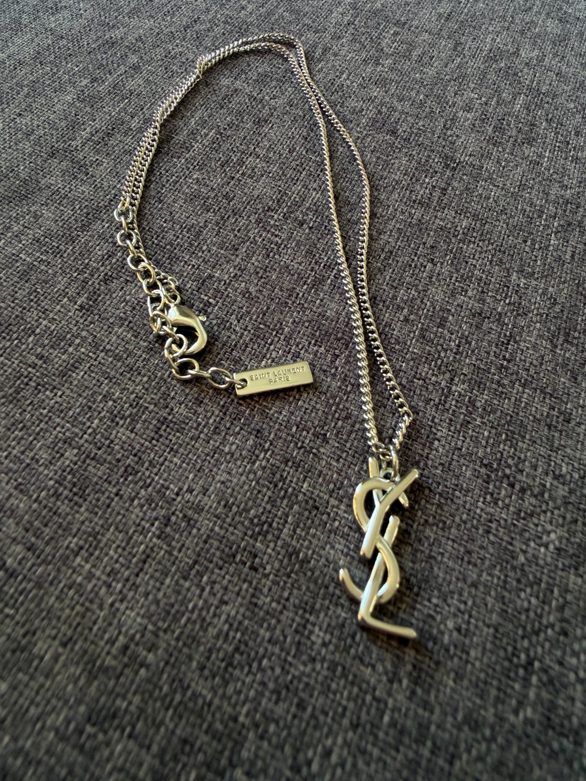 Saint Laurent Pendant YSL Necklace Monogram Silver Tone Adjustable Chain Luxury