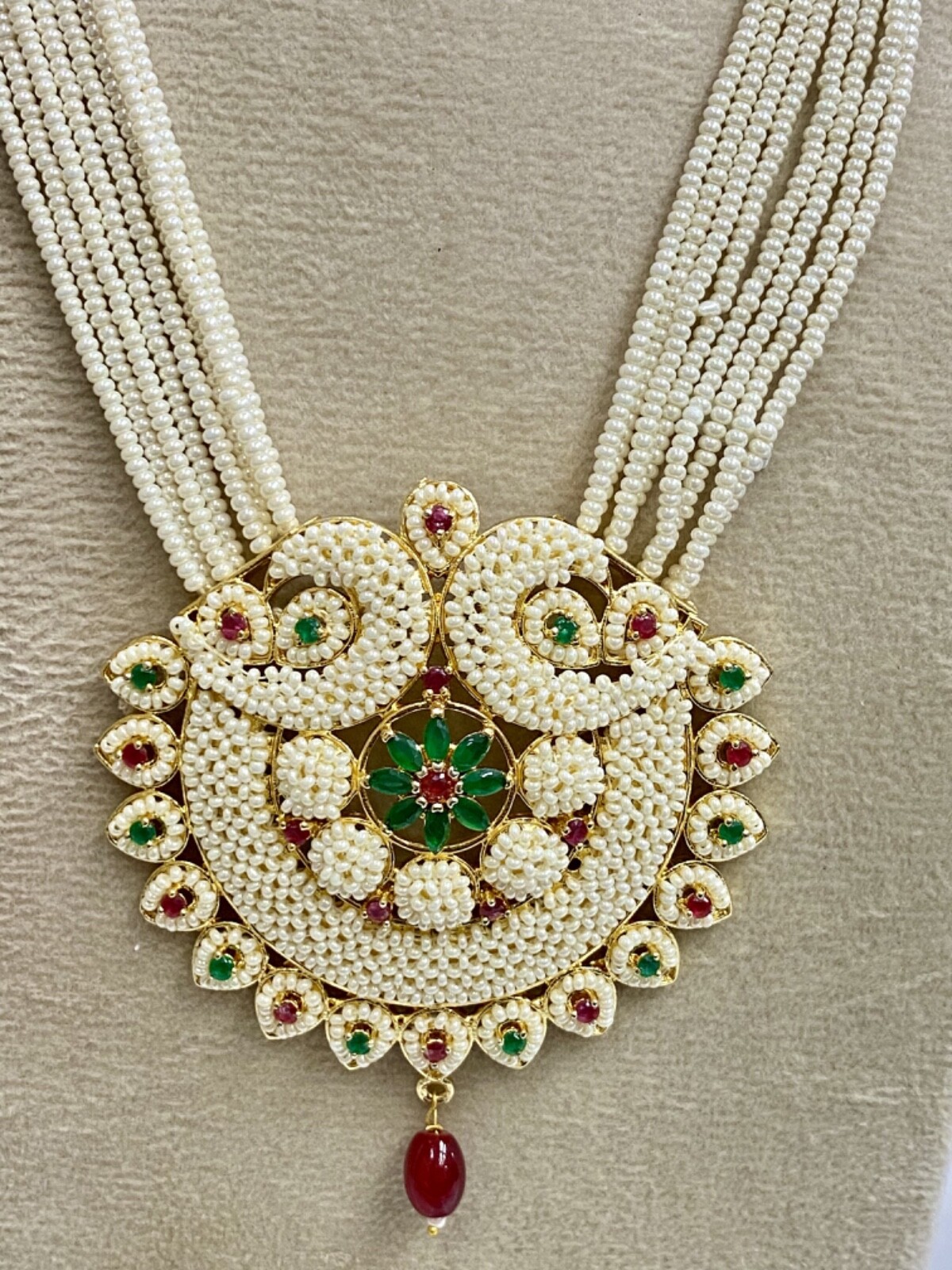 Indian Ruby Emerald Pearl Necklace Set Bridal Jewelry long Wedding Party Wear