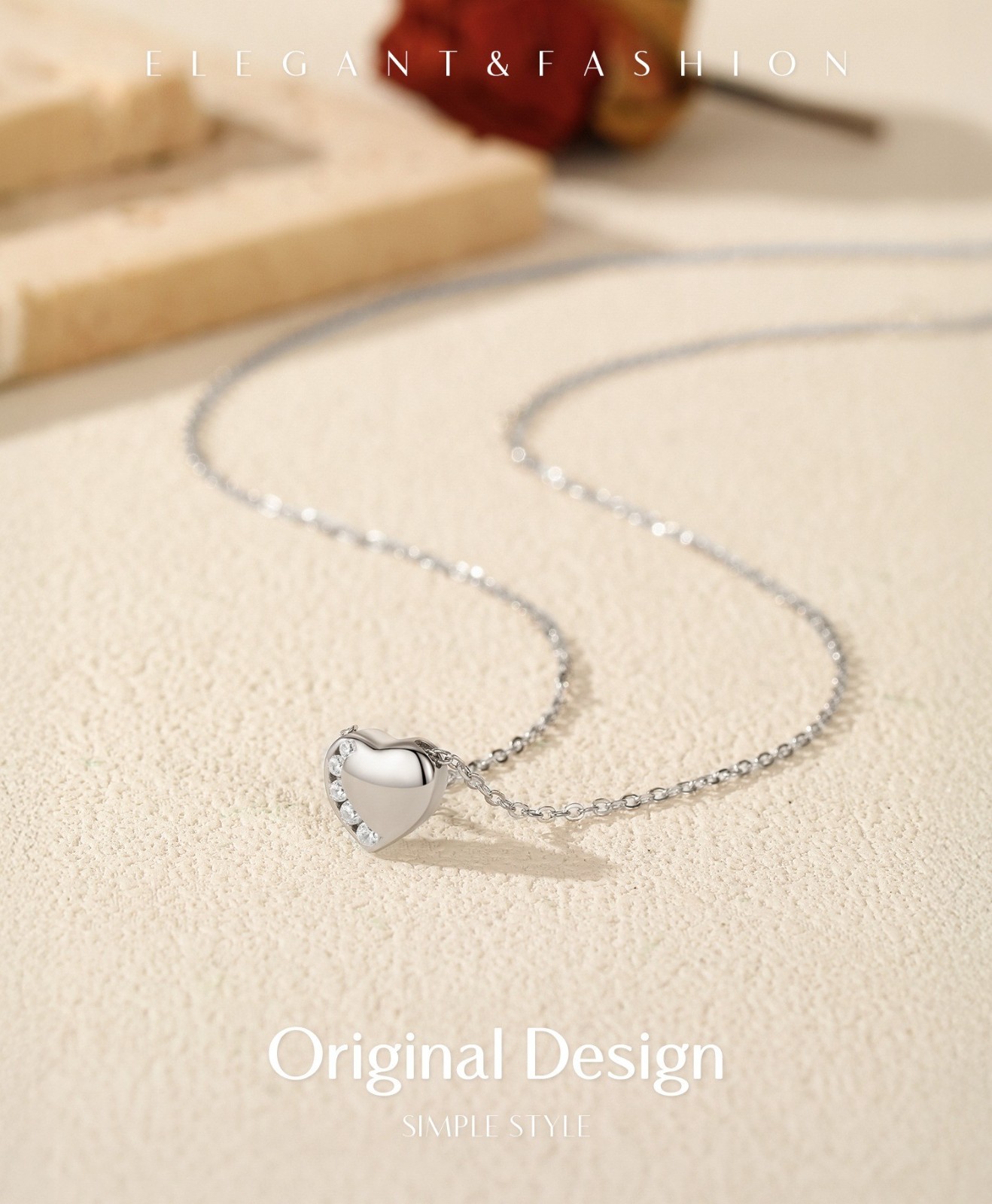 925 Sterling Silver CZ Asymmetrical Heart Pendant Necklace for Women