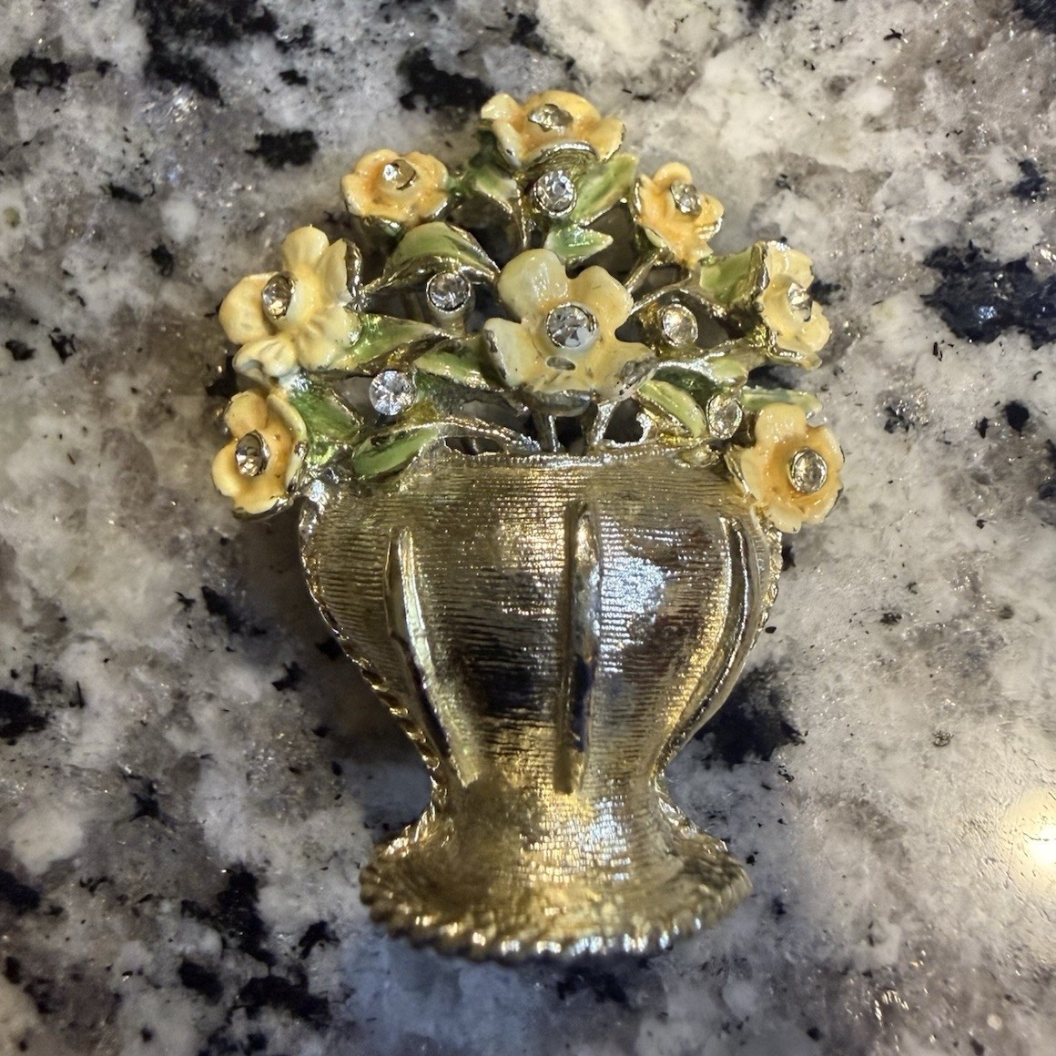BSK Vtg Flower Vase Brooch “My Fair Lady”Gold Tone Metal Enamel Rhinestone