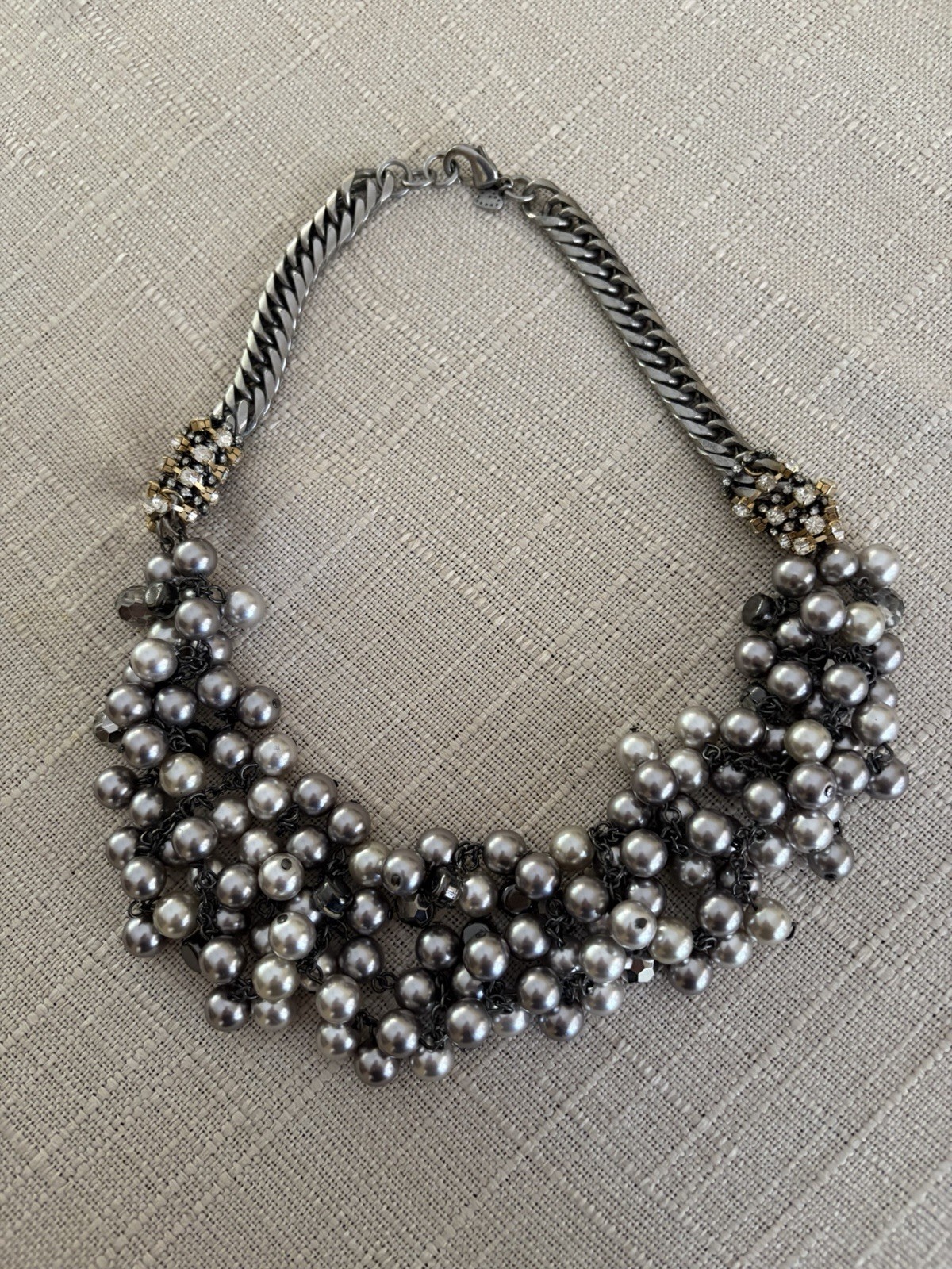 Kenneth Cole Gray Faux Pearl Cluster Bib Necklace Rhinestone Gunmetal Chain