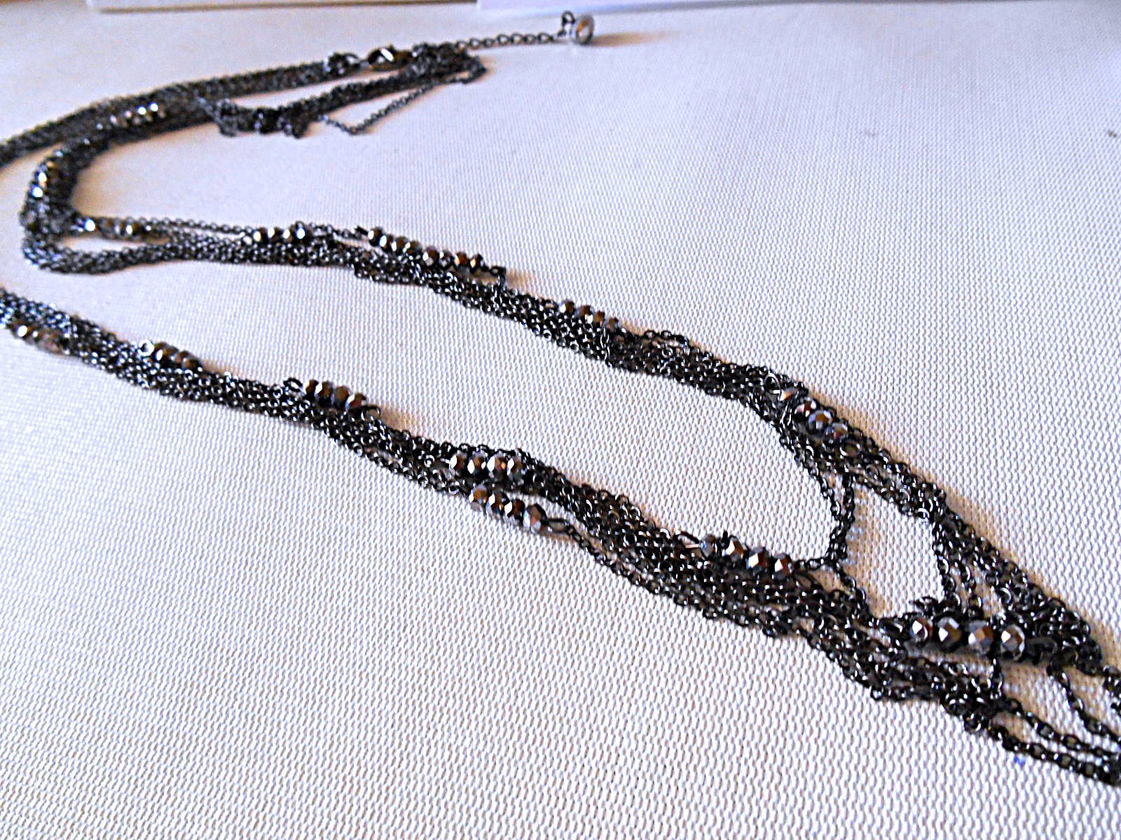 7 Strand Layered Gunmetal & Sparkling Beaded Chain Necklace