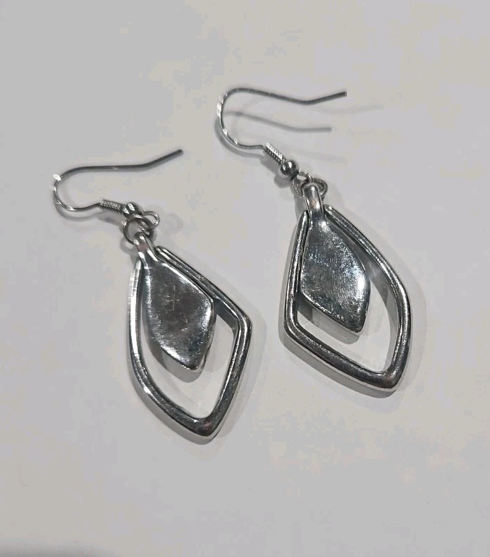 Earrings Abalone Shell Silver Tone Open Tear Drop Frame French Wire Hooks