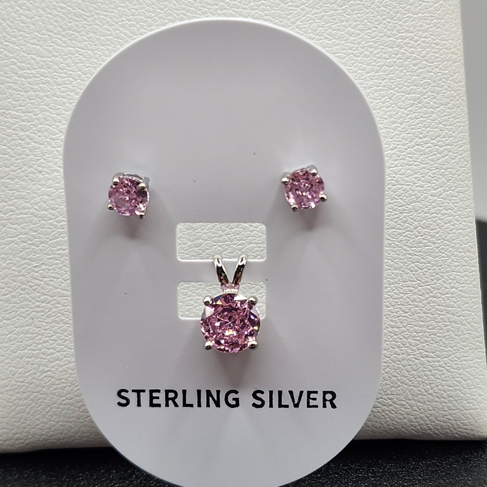 925 NEW Sterling Silver Pendant & Earrings Set Rhodium Pink Cubic Zirconia