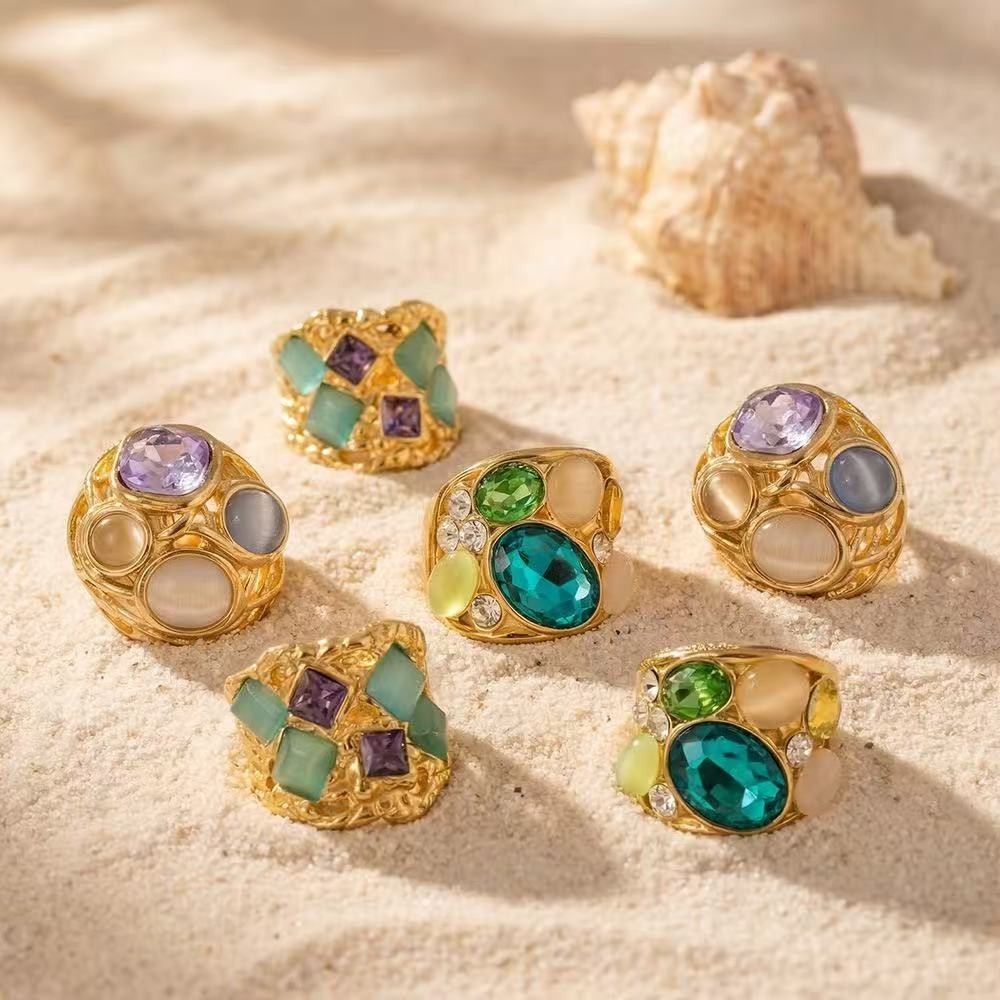 Woman 18k Gold Plated Simulated Opal Multicolor CZ Band Ring Anti-tarnish 7/8/9