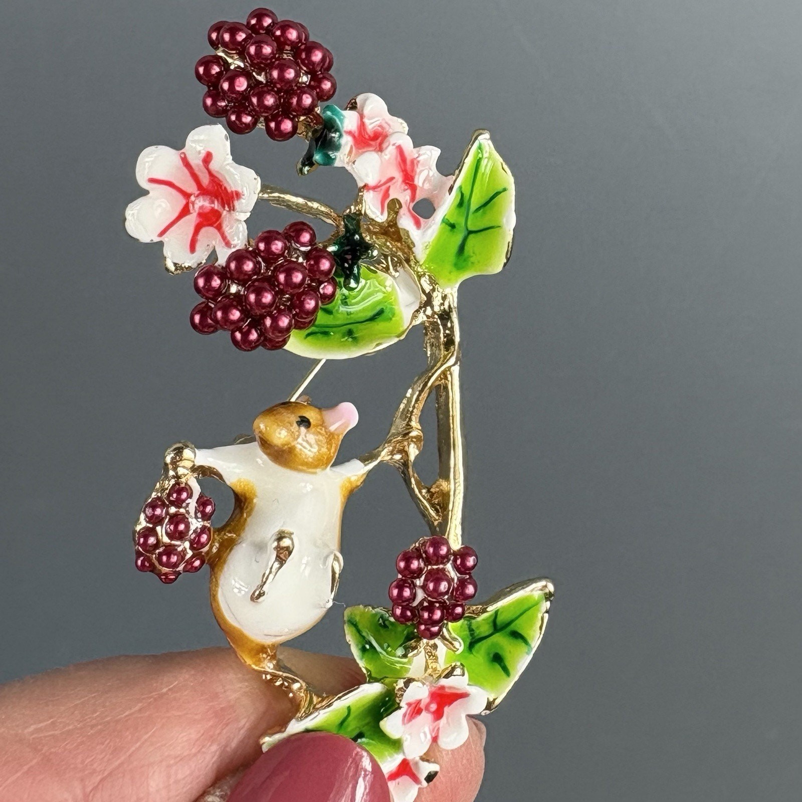 Adorable Mouse Climbing Branch Flowers Enamel Brooch Pin