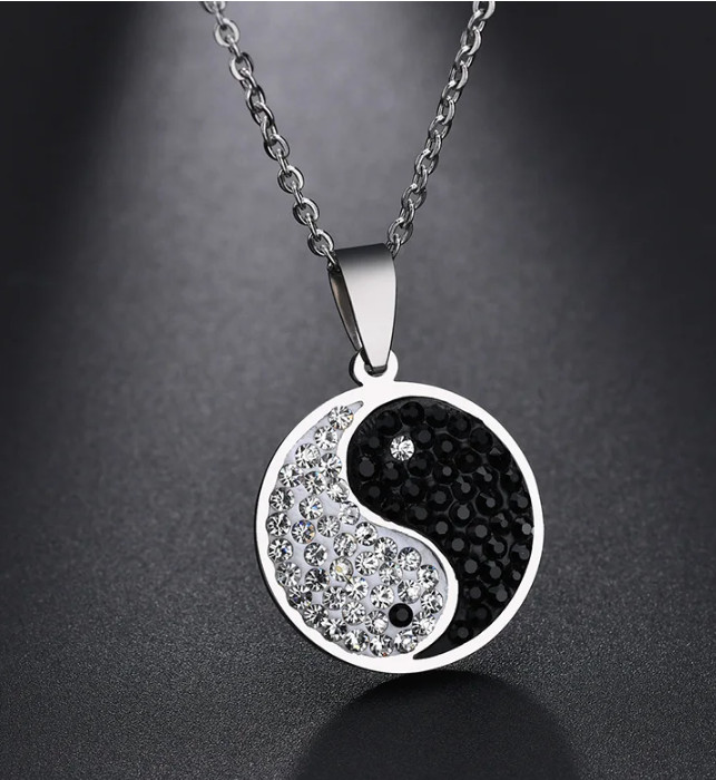 New Ying and Yang Yin Rhinestones Necklace Pendant Stainless Steel CZ