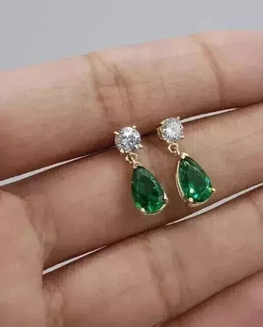 1.20Ct Pear Cut Simulated Green Emerald Drop Earrings In 14K Yellow Gold Plated