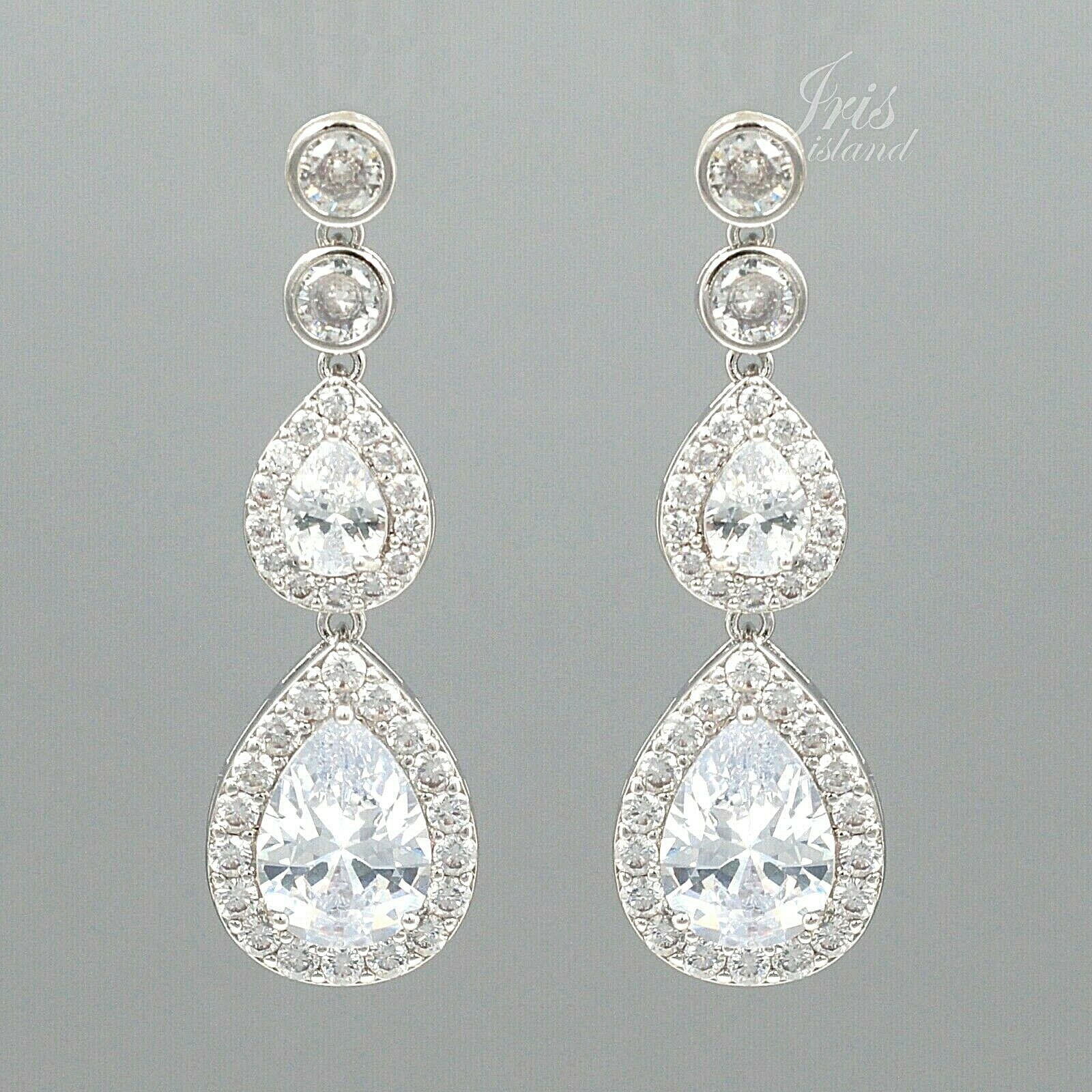 18K White Gold Plated Cubic Zirconia CZ Wedding Bridal Drop Dangle earrings 0040