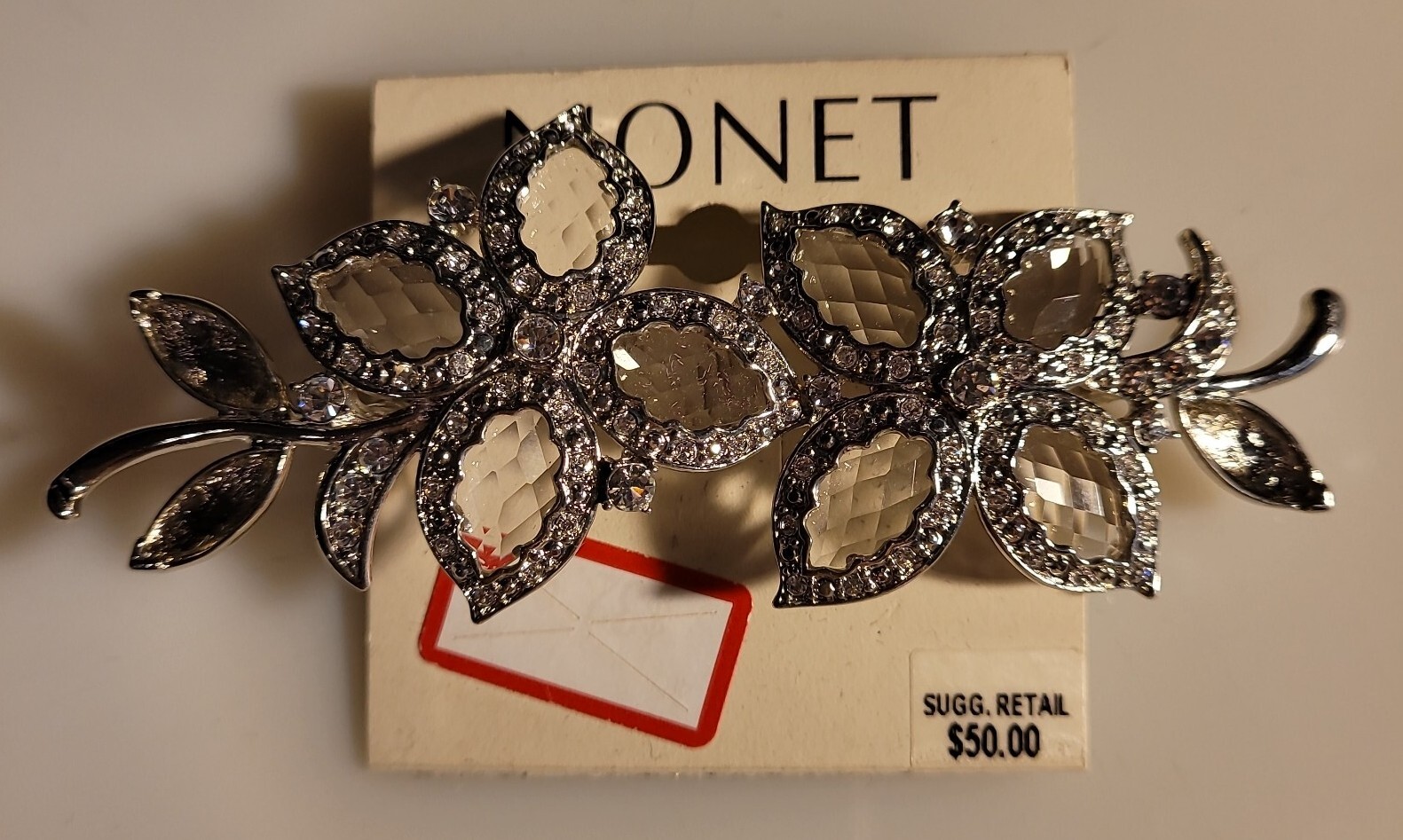 MONET PIN BROOCH SILVERTONE GLASS FLOWERS 3 3/4″ L X 1 1/4″ W