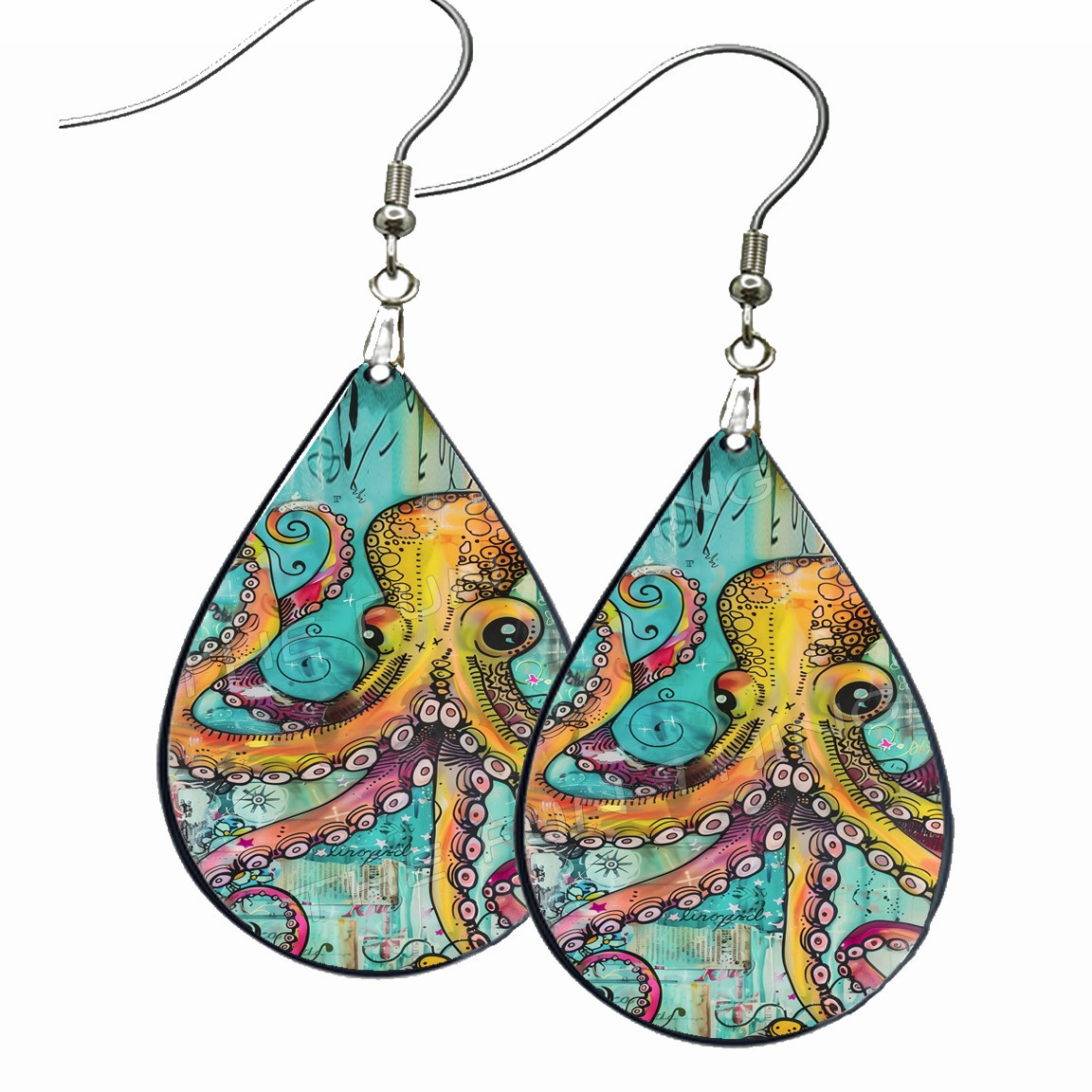 Pop Art Octopus Earrings Teardrop Wood Dangle Unique Statement Art Print Jewelry