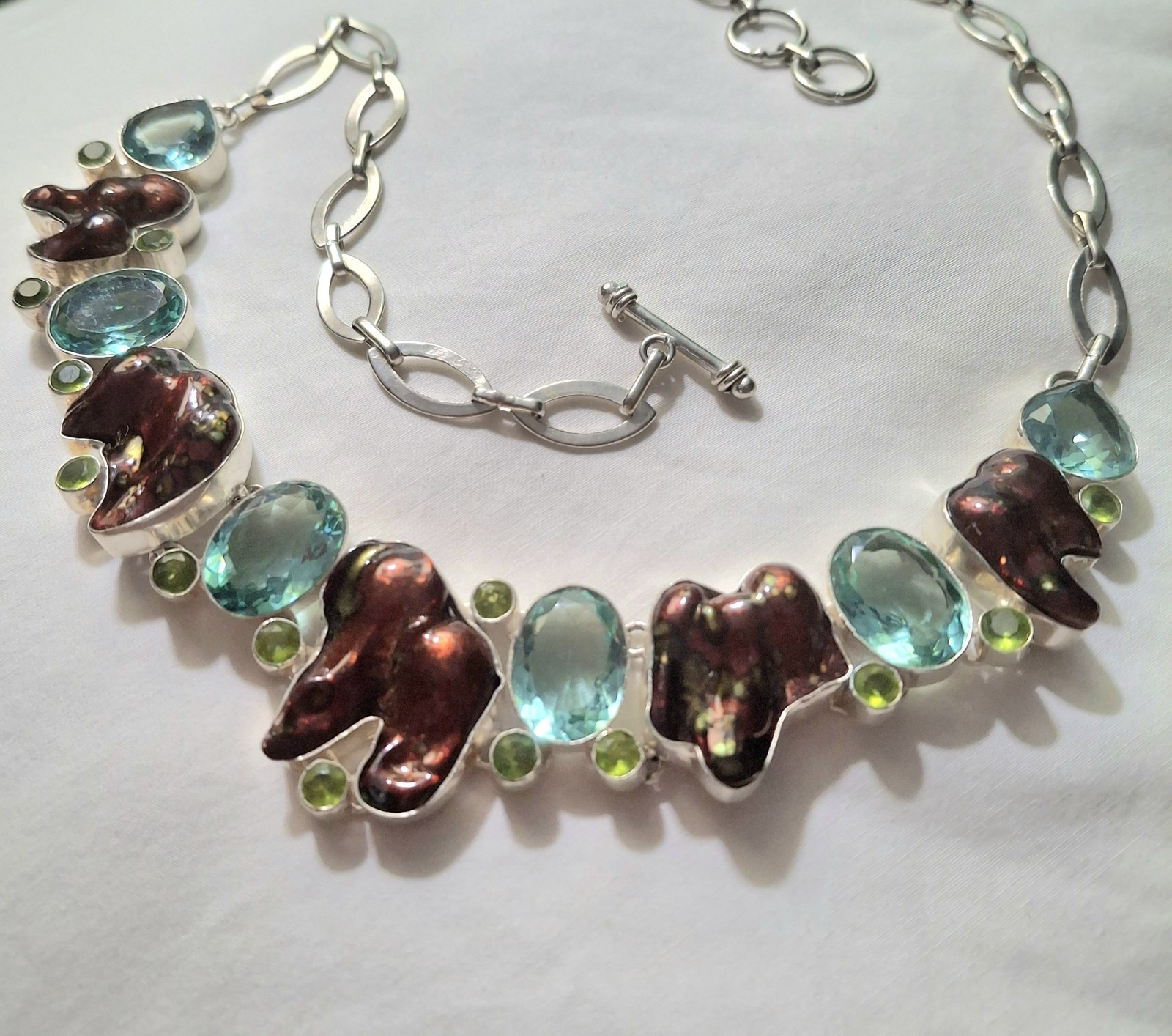 Y2K Necklace SIGNED 925 HUGE! Boho Blue Topaz Dyed Blister Pearls Peridot Estate