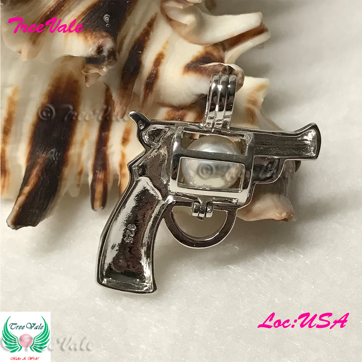 Revolver Pistol Gun – 925 Sterling Silver-Locket Pearl Cage Pendant – Hold 6-8mm